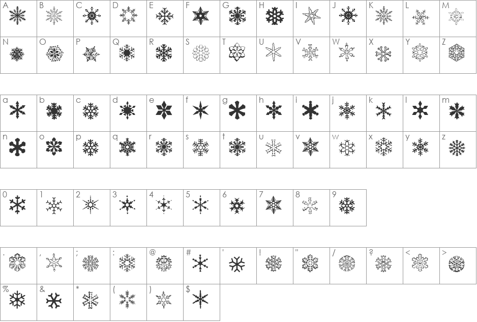 WWFlakes font character map preview