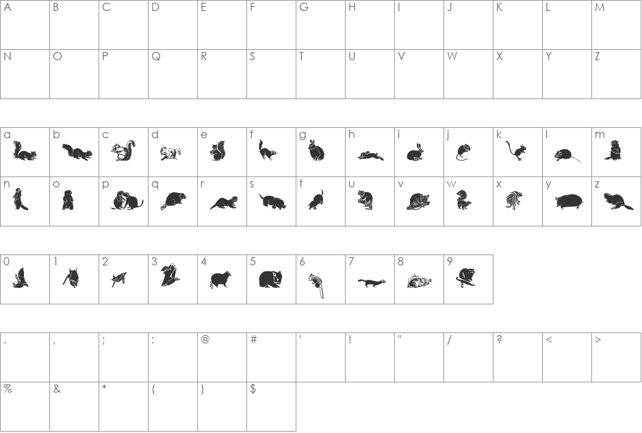 WWFurryFriends font character map preview