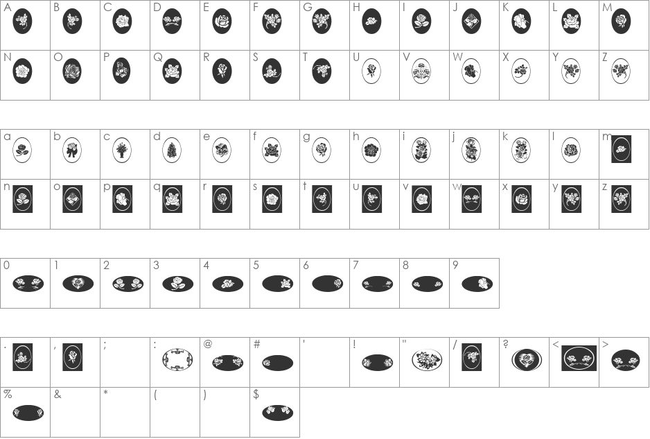 WWRosebud font character map preview
