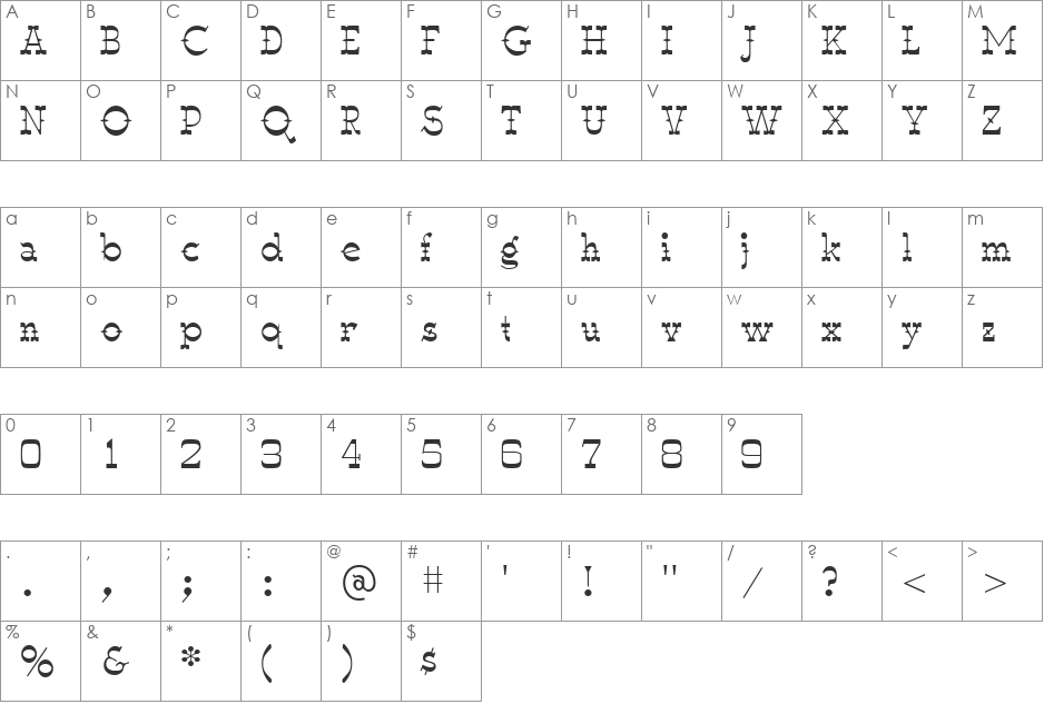 WyomingMacroniPegged font character map preview