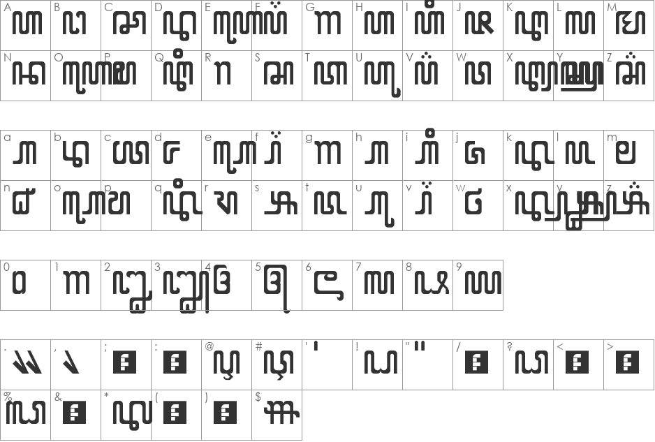 X Code from East font character map preview