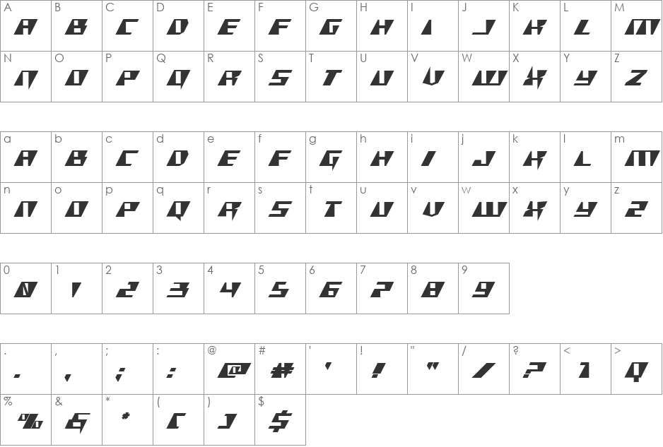 X-Racer Expanded Italic font character map preview