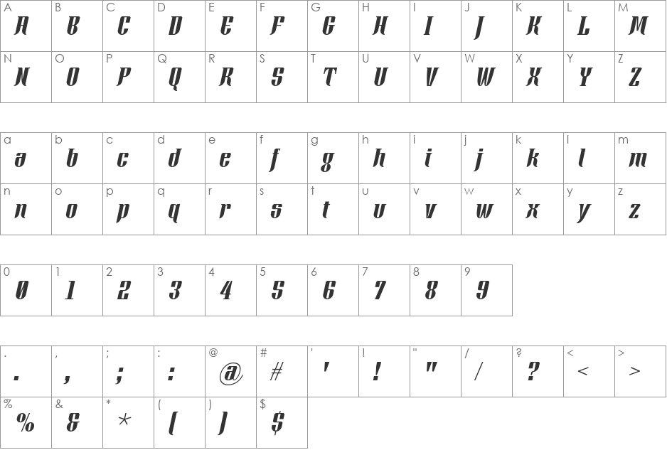 Xacose font character map preview