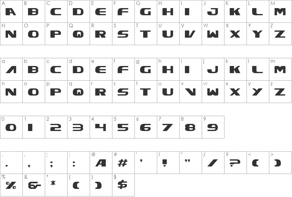 Xcelsion font character map preview