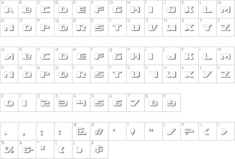 Xcelsion Shadow font character map preview
