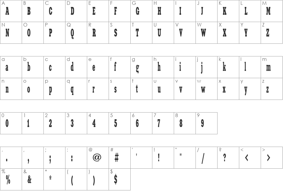 XeniaWesternC font character map preview