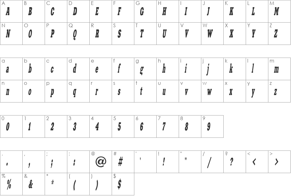 XeniaWesternC font character map preview