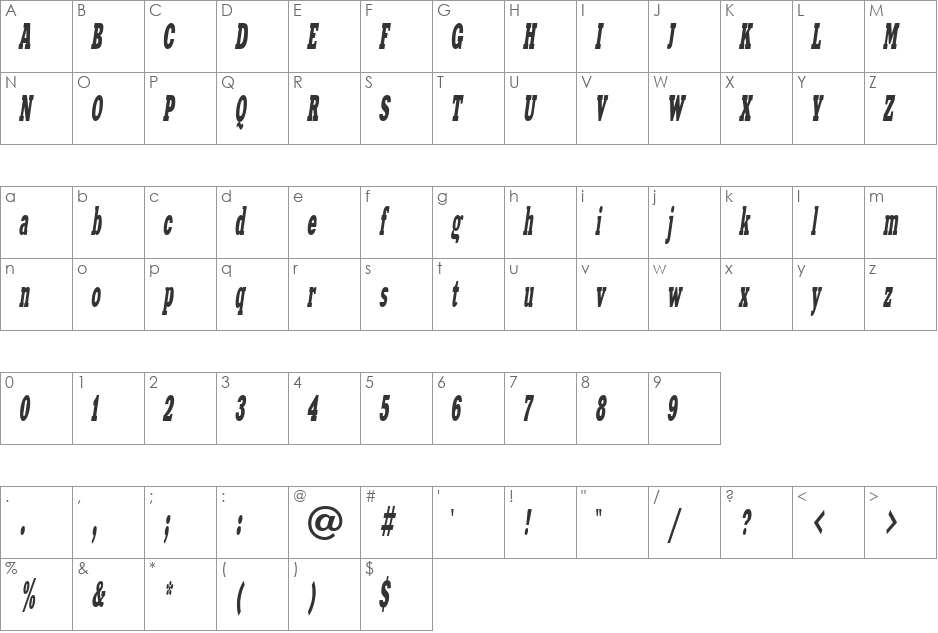 XeniaWesternCTT font character map preview