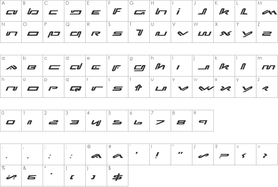 Xephyr Expanded Italic font character map preview