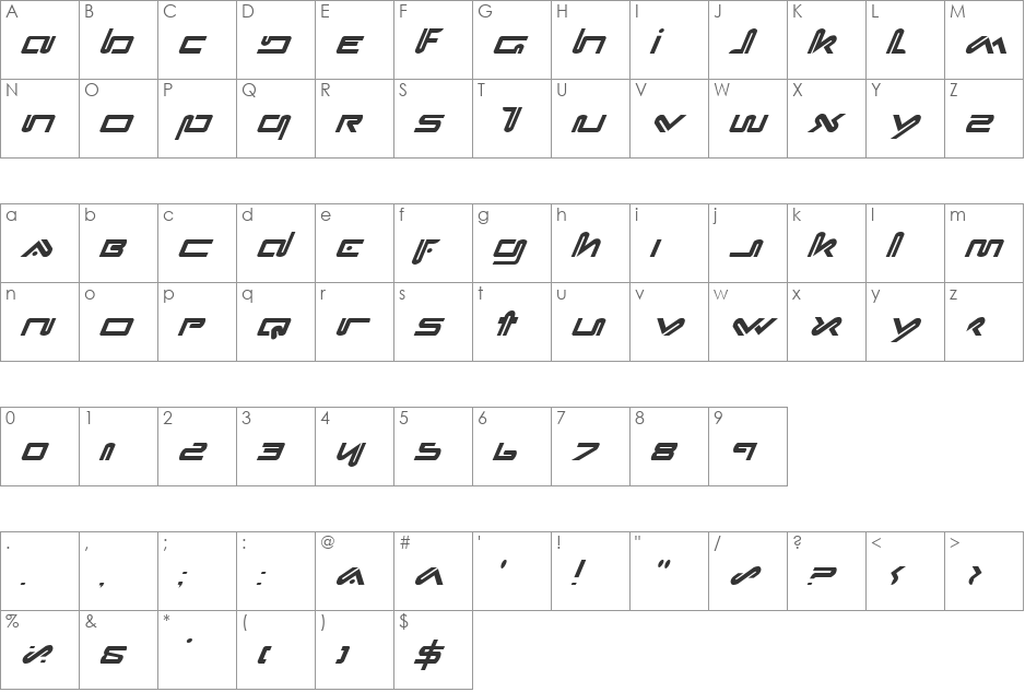Xephyr Italic font character map preview