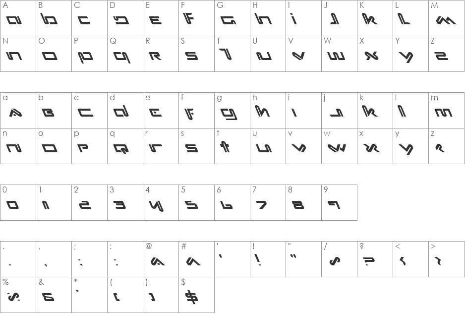 Xephyr Leftalic font character map preview