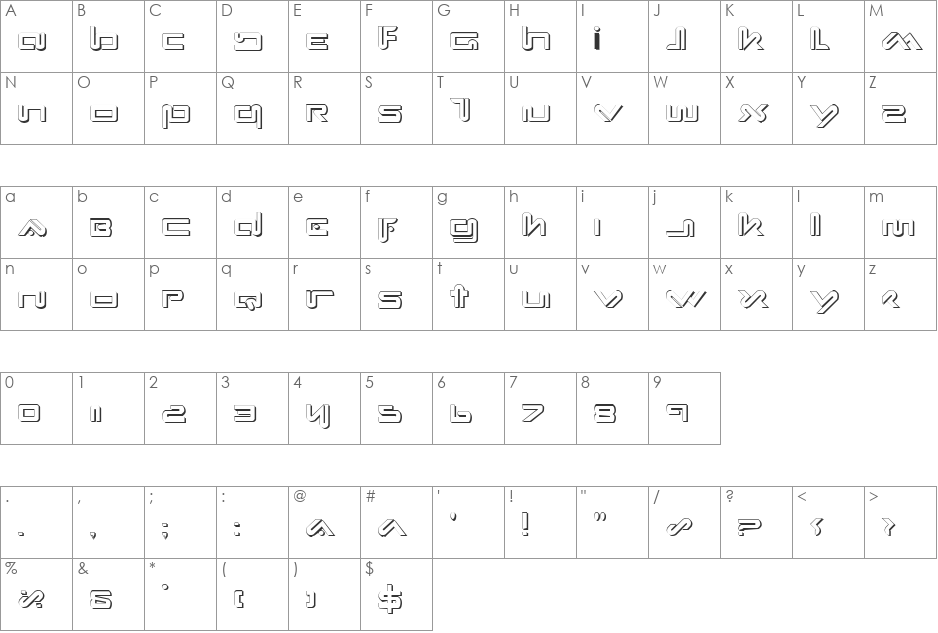 Xephyr Shadow font character map preview
