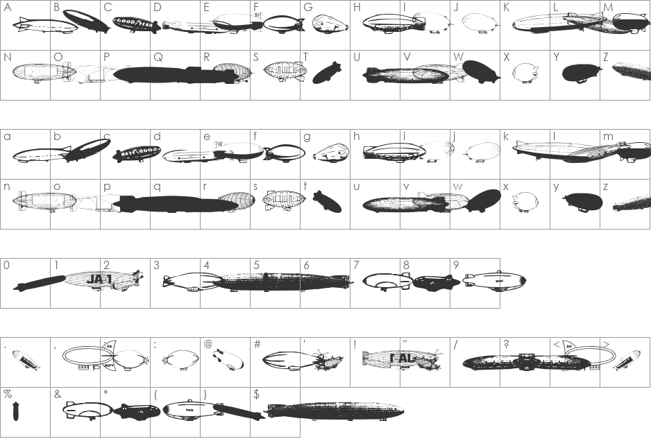 Xeppelin font character map preview