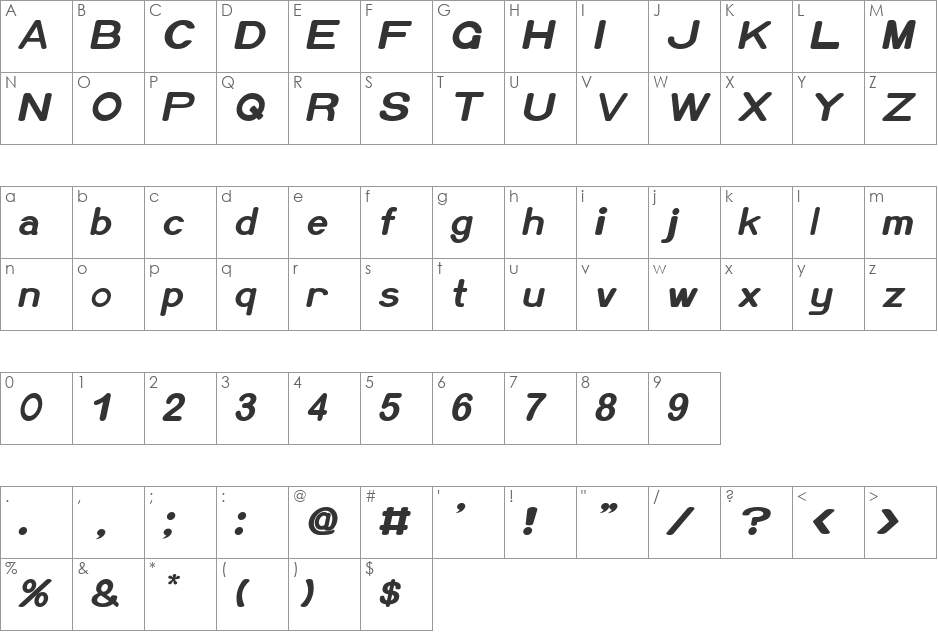 Xero font character map preview