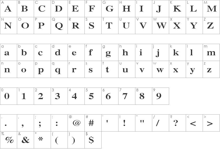 Xerox Serif Wide font character map preview