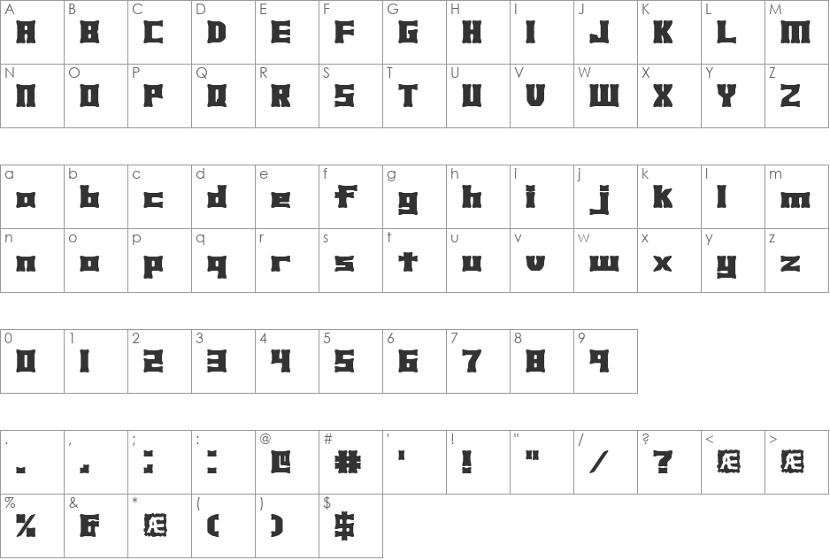 Xhume BRK font character map preview