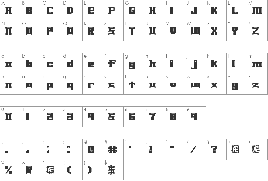 Xhume BRK font character map preview
