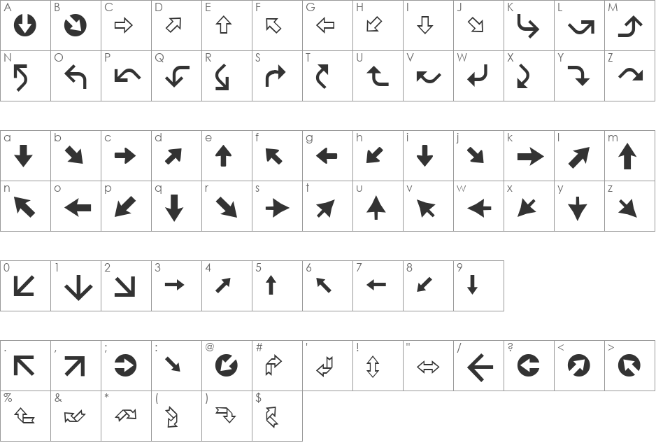 XIngyArrowsBetween font character map preview