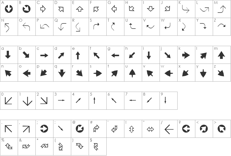 XIngyArrowsTwo font character map preview