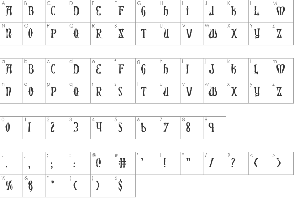 Xiphos Horror font character map preview