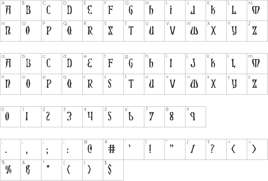 Xiphos Rotated font character map preview