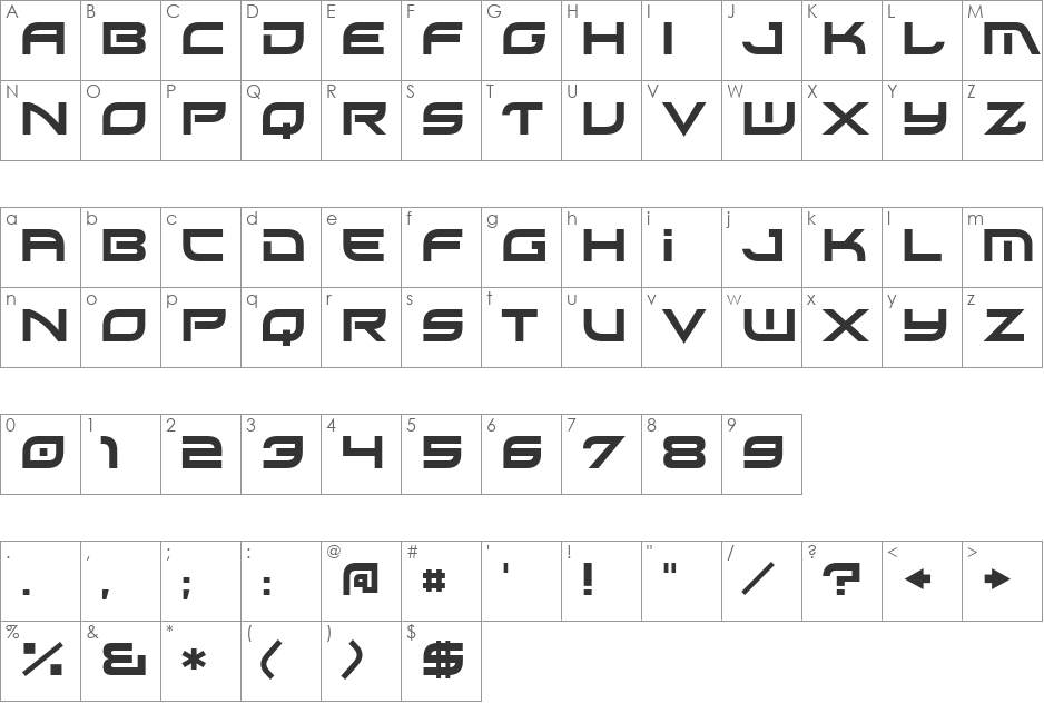 Xirod font character map preview