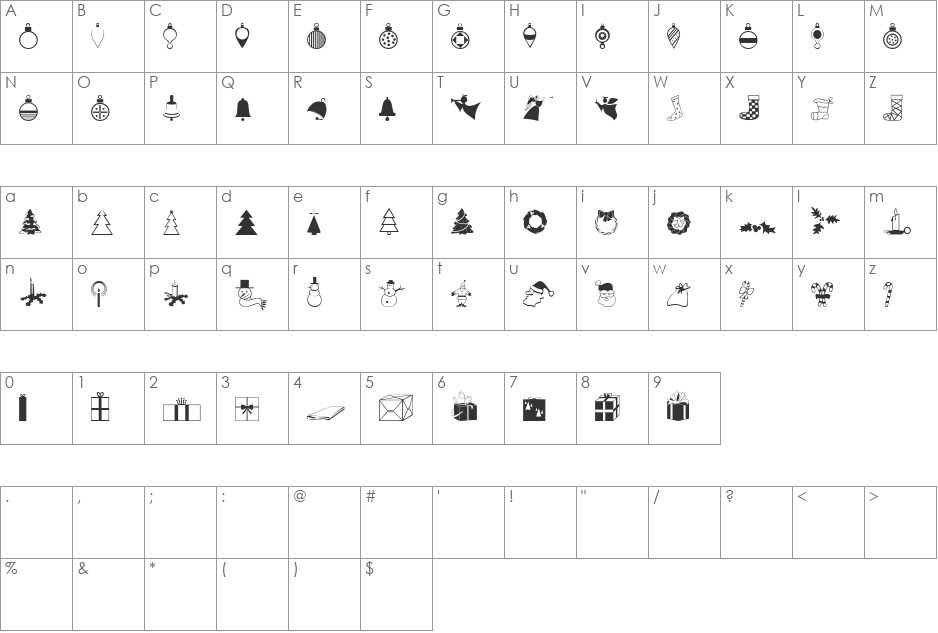 XmasDings font character map preview