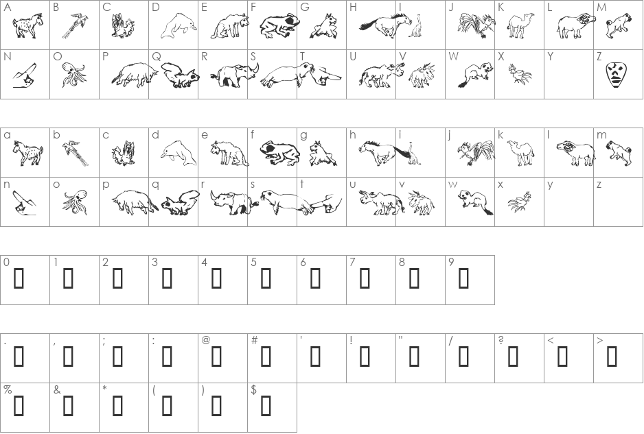 XMattsAnimalsOne font character map preview