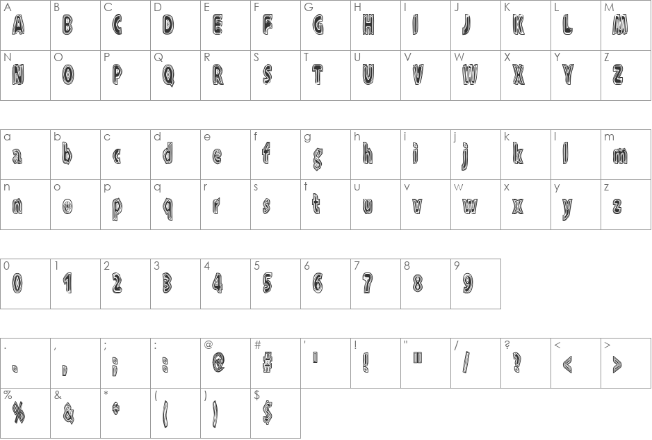 XXXRaytid font character map preview