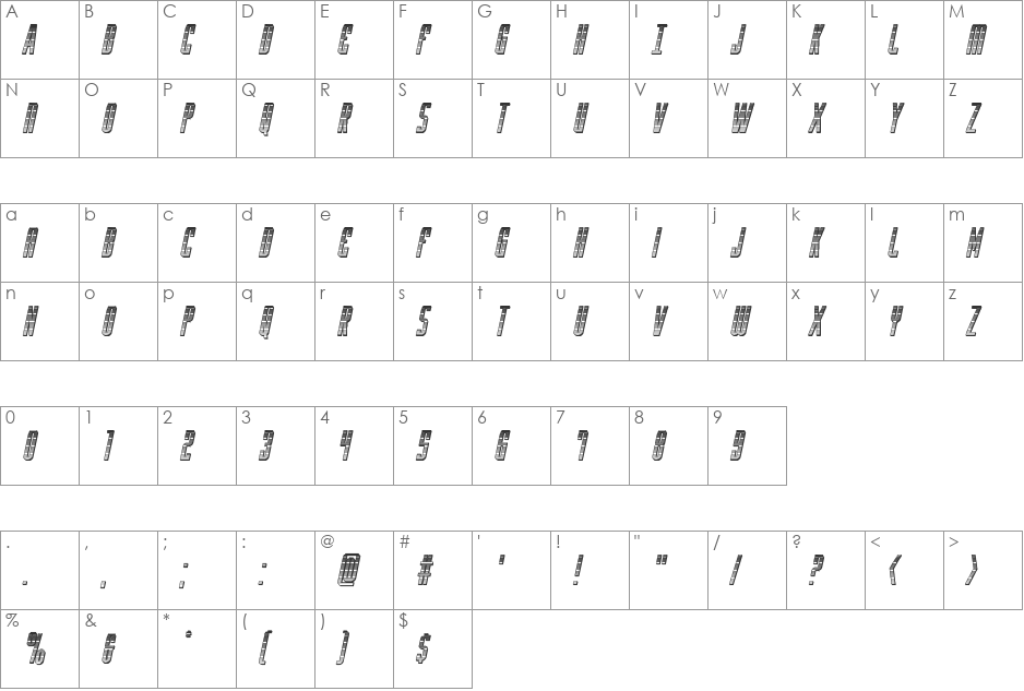 Y-Files Chrome Italic font character map preview