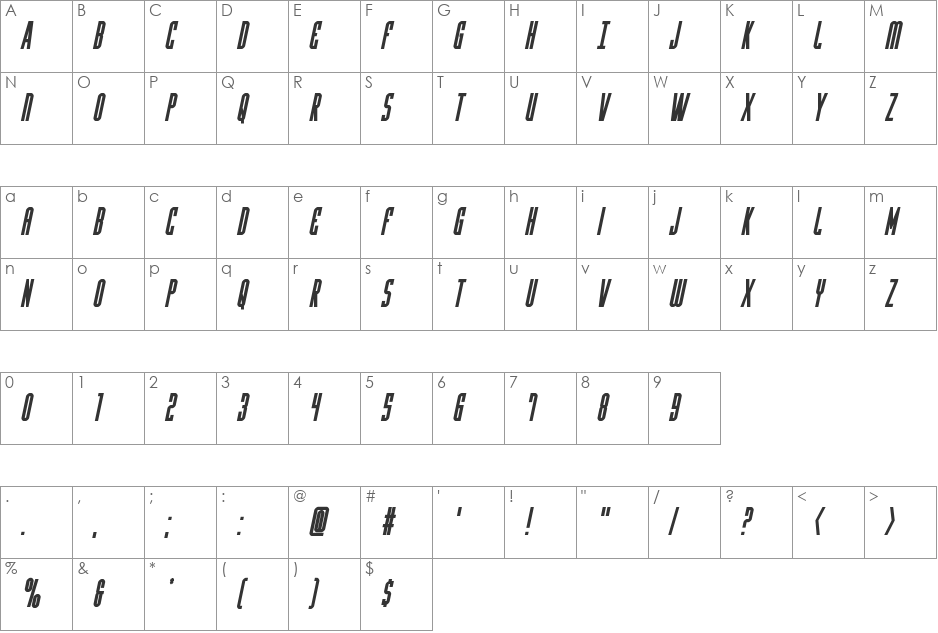 Y-Files Condensed font character map preview