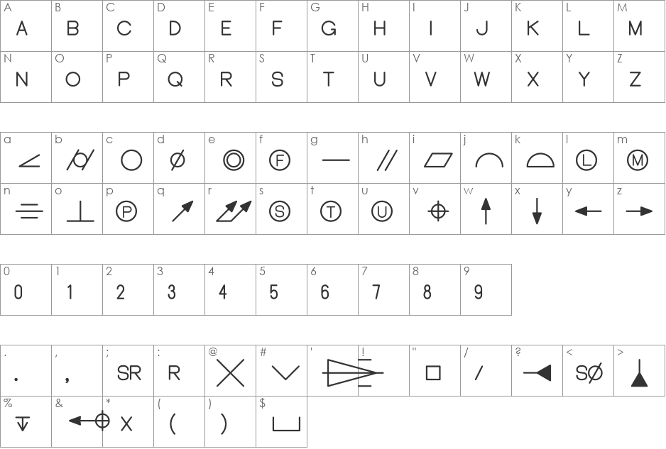 Y14.5M font character map preview