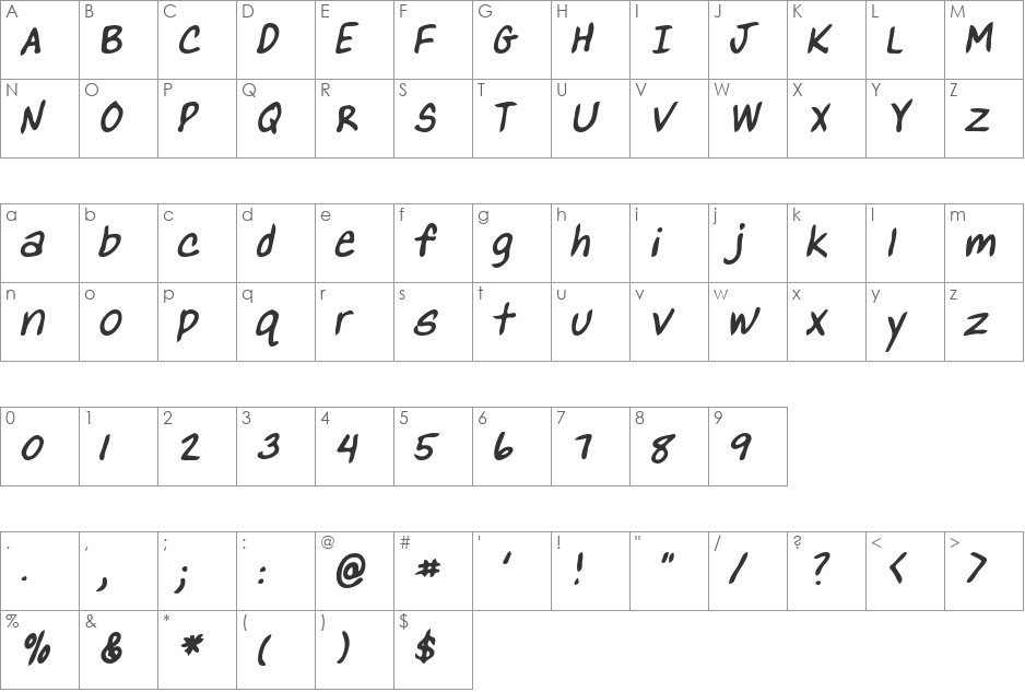 YanksHand font character map preview