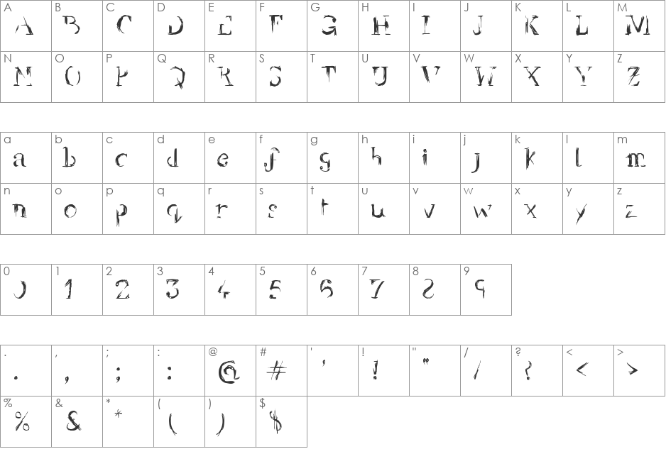 YBR Brokedown font character map preview