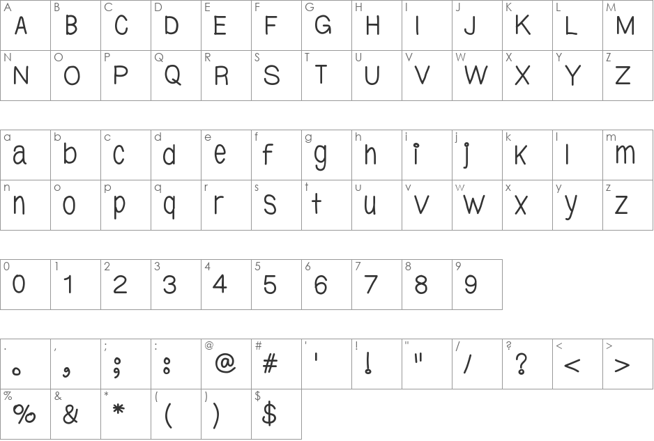 YBTallPretty font character map preview