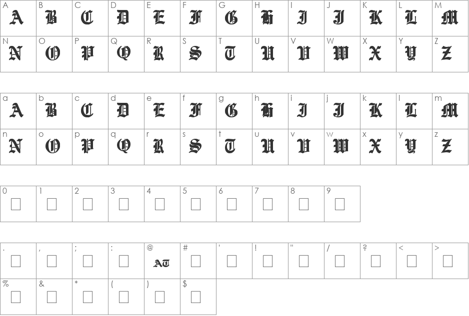 Ye Old Shire Outline font character map preview