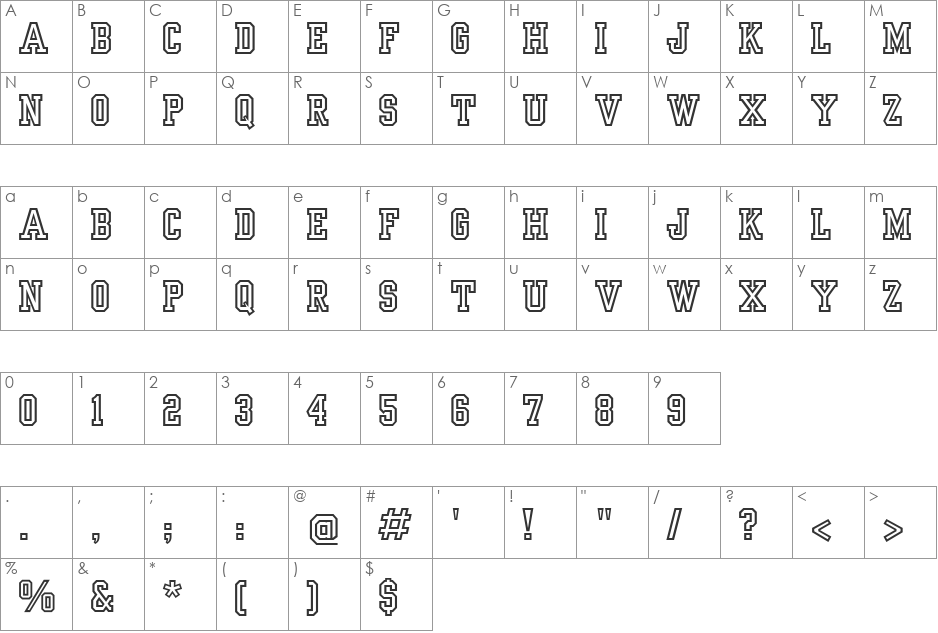 Yearbook Outline font character map preview