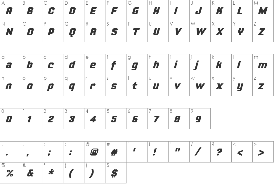 Yearling font character map preview