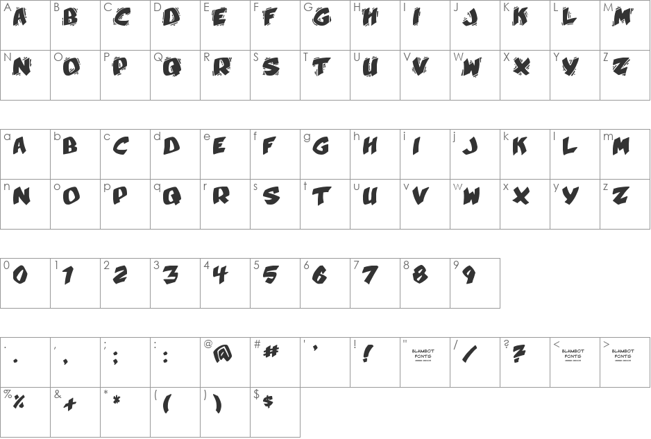 YellaBelly font character map preview