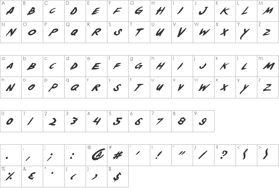 Yellowjacket Italic font character map preview