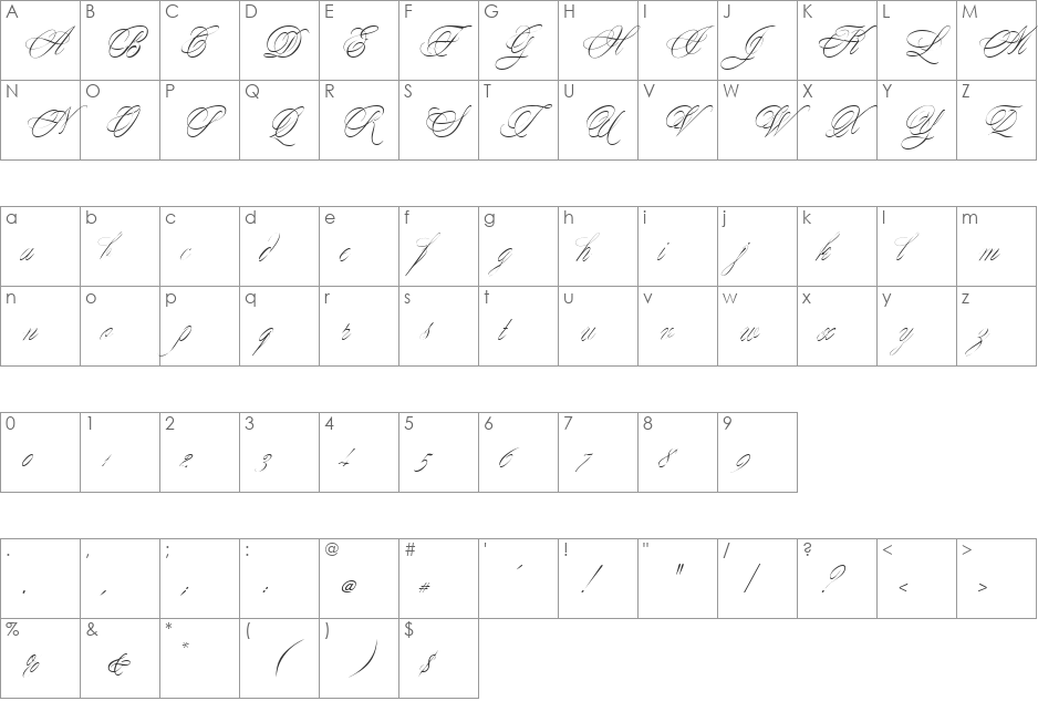 Yesterday DB font character map preview