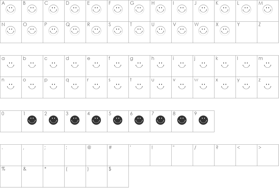 YLD 70's Smiley font character map preview