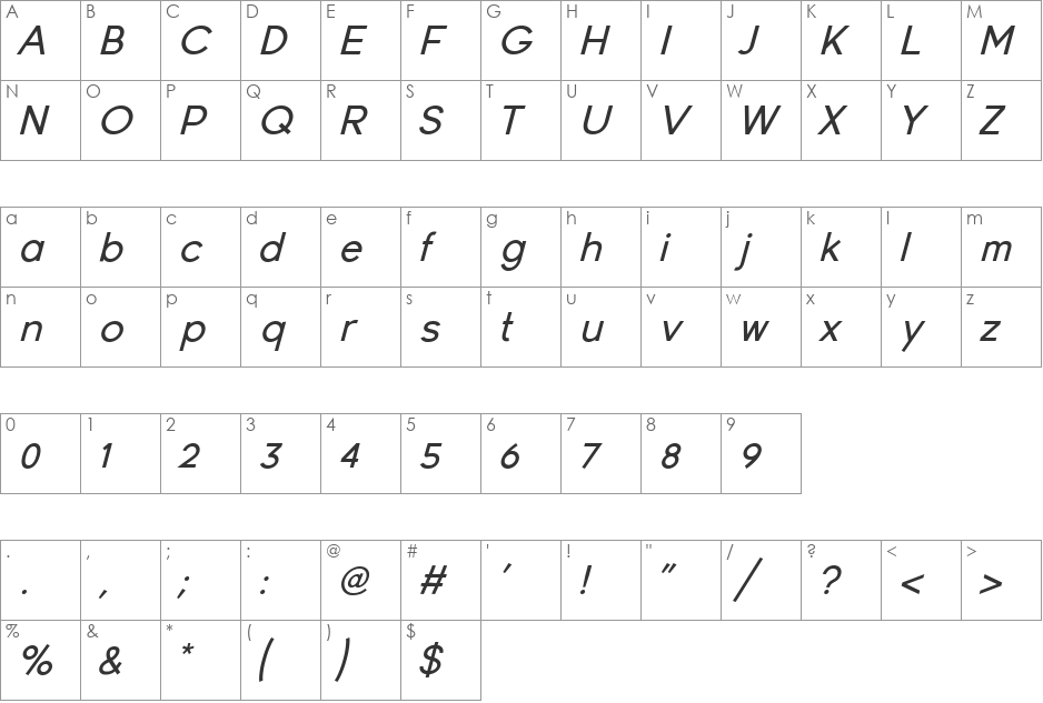 Young font character map preview