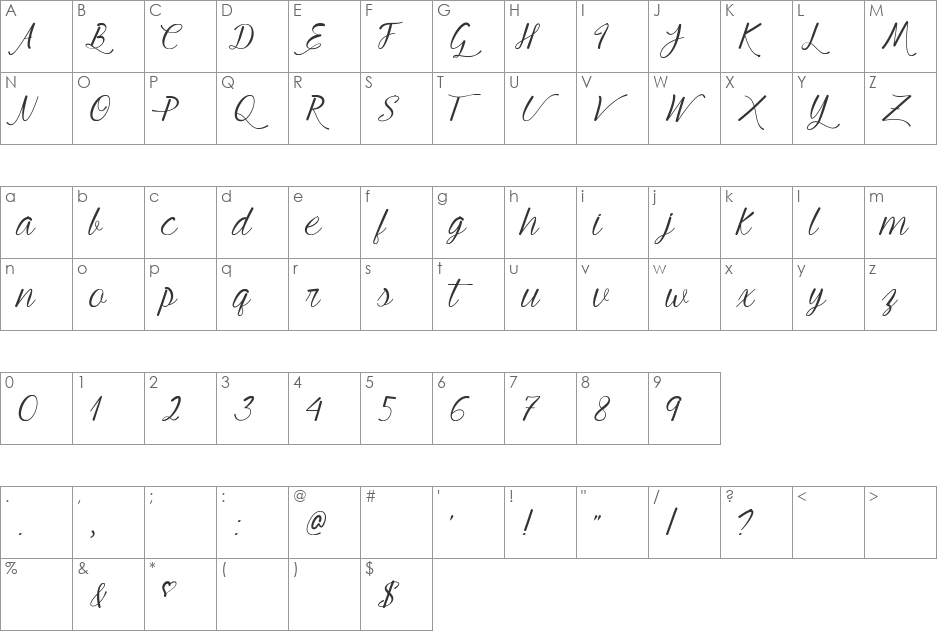 Young & Beautiful font character map preview