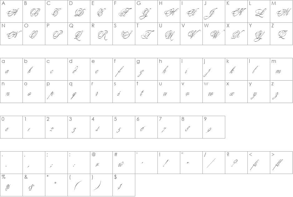 Young Baroque LET font character map preview