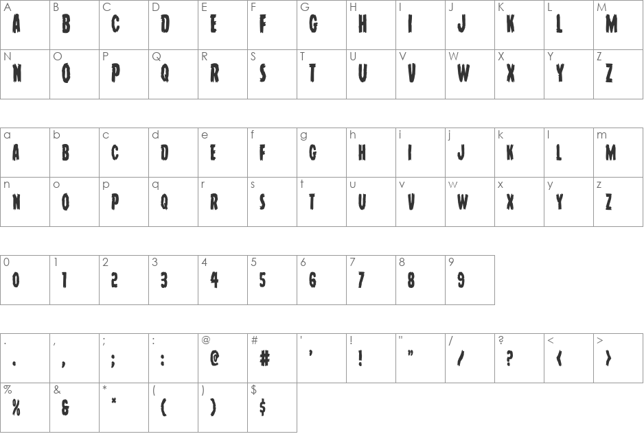 Young Frankenstein Condensed font character map preview