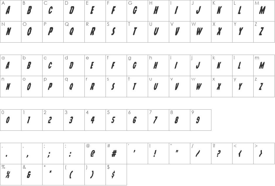 Young Frankenstein Condensed Italic font character map preview