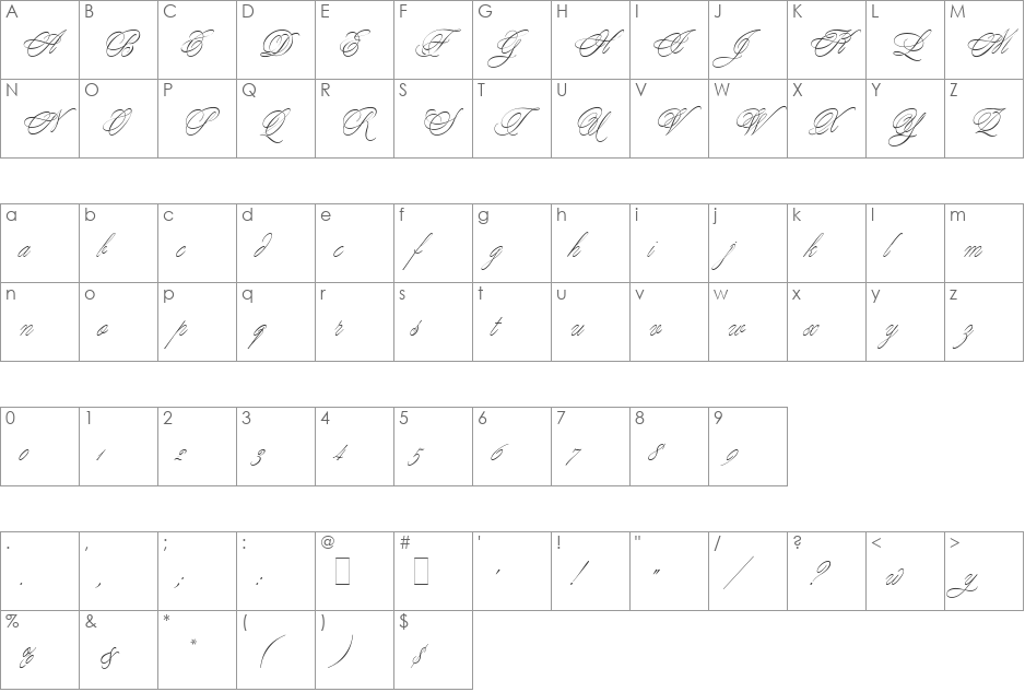 YoungBaroque font character map preview