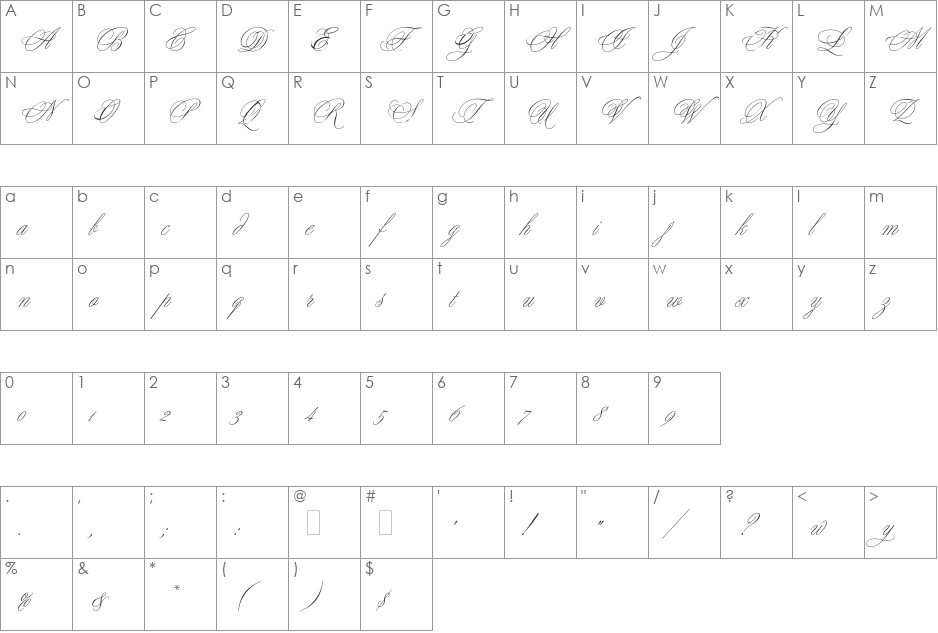 YoungBaroquePlain font character map preview