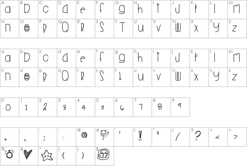 YoungFolks font character map preview